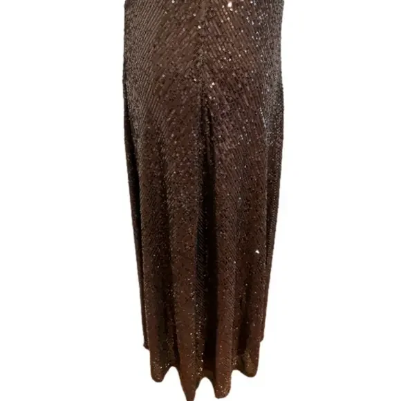 Y2K BROWN SEQUIN MAXI DRESS W KEYHOLE BACK GLAMOROUS GOWN MINIMALIST STYLE M - Picture 7 of 12